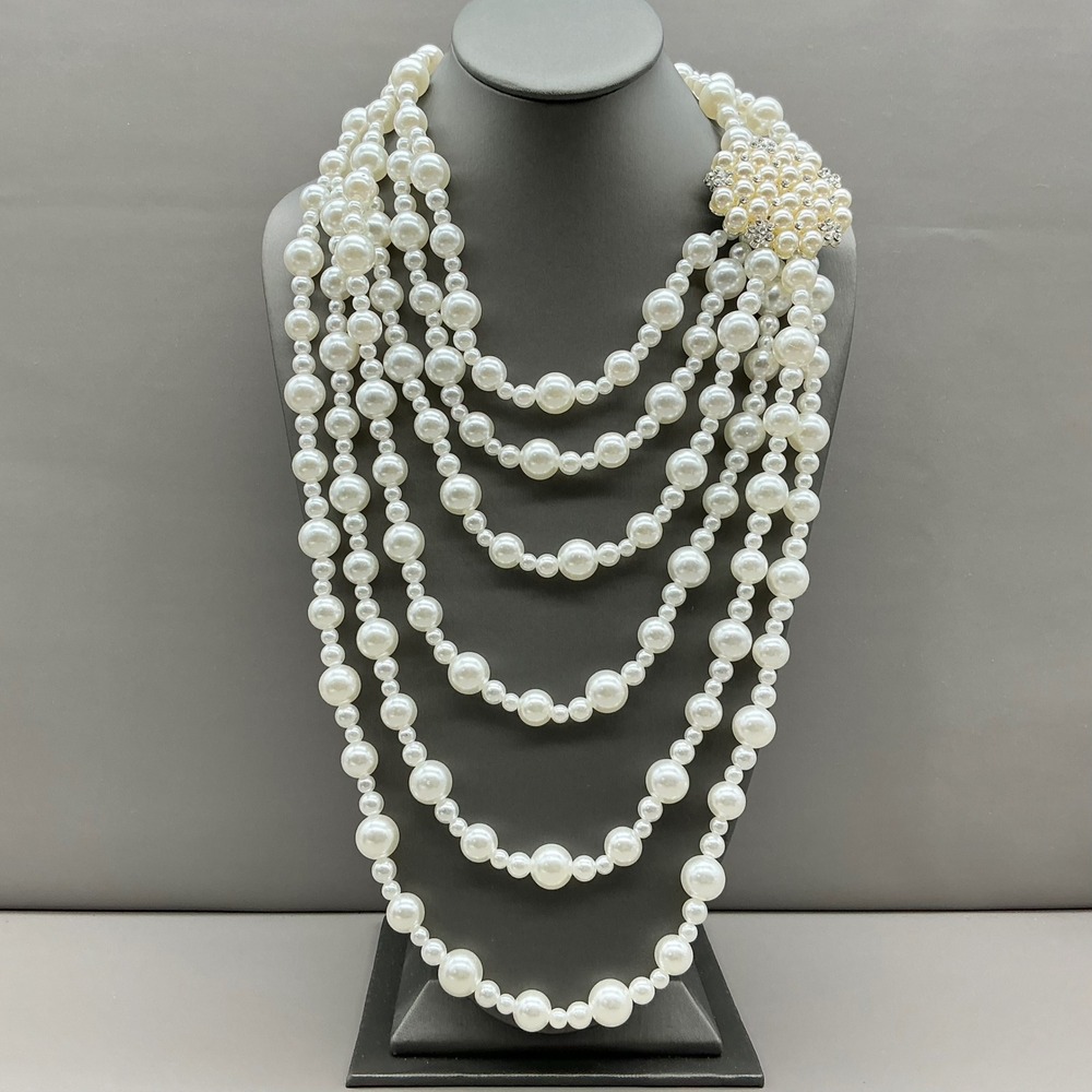 Faux Pearl Layered Statement Necklace White Multi Strand Beaded Brooch 8889